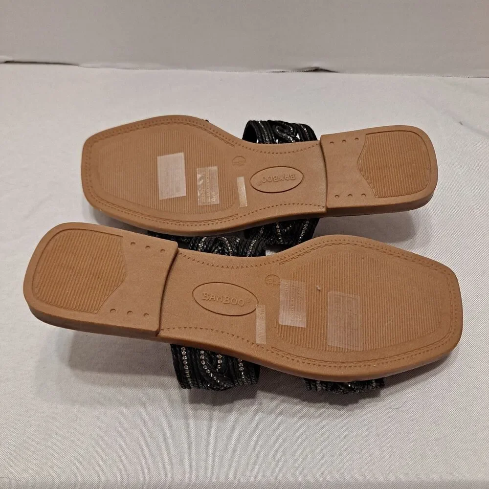 Bamboo Women's Braided Rhinestone Sandals Size 7.5 Black 2-Straps Slides